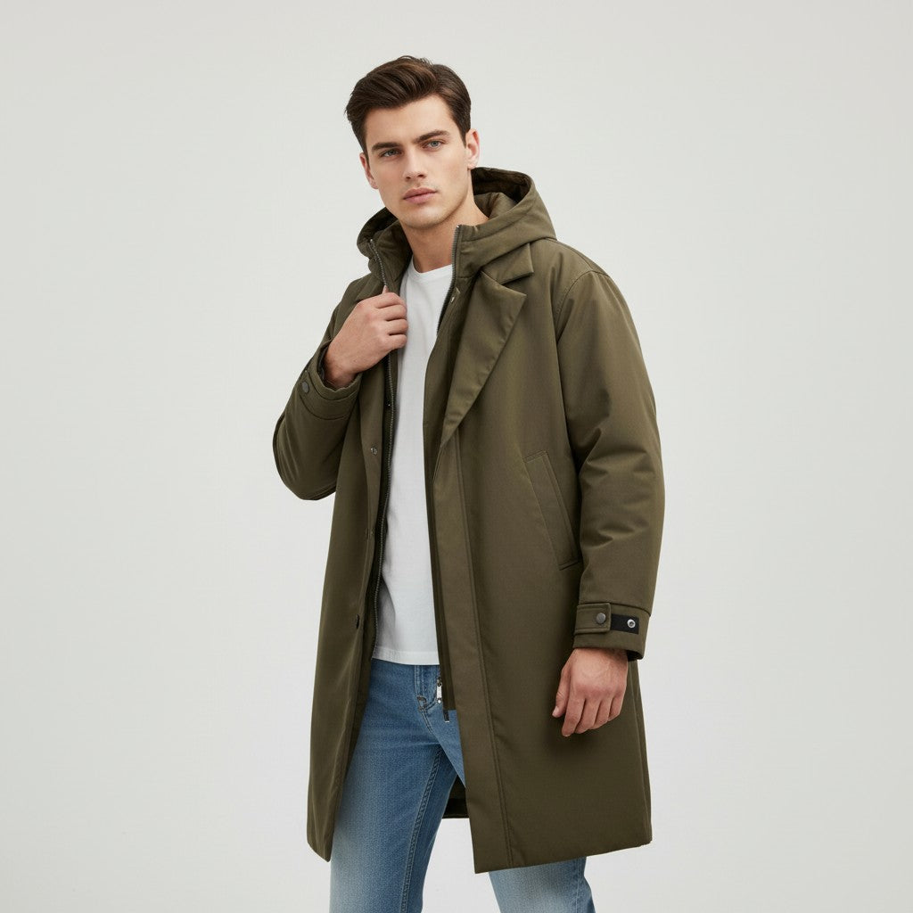 Men’s Long Hooded Puffer Trench Coat Insulated Winter Overcoat-Bon Voyage Vintage