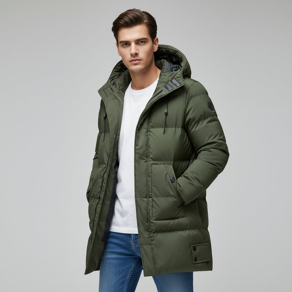 Men’s Long Puffer Winter Jacket Insulated Hooded Cold Weather Coat-Bon Voyage Vintage
