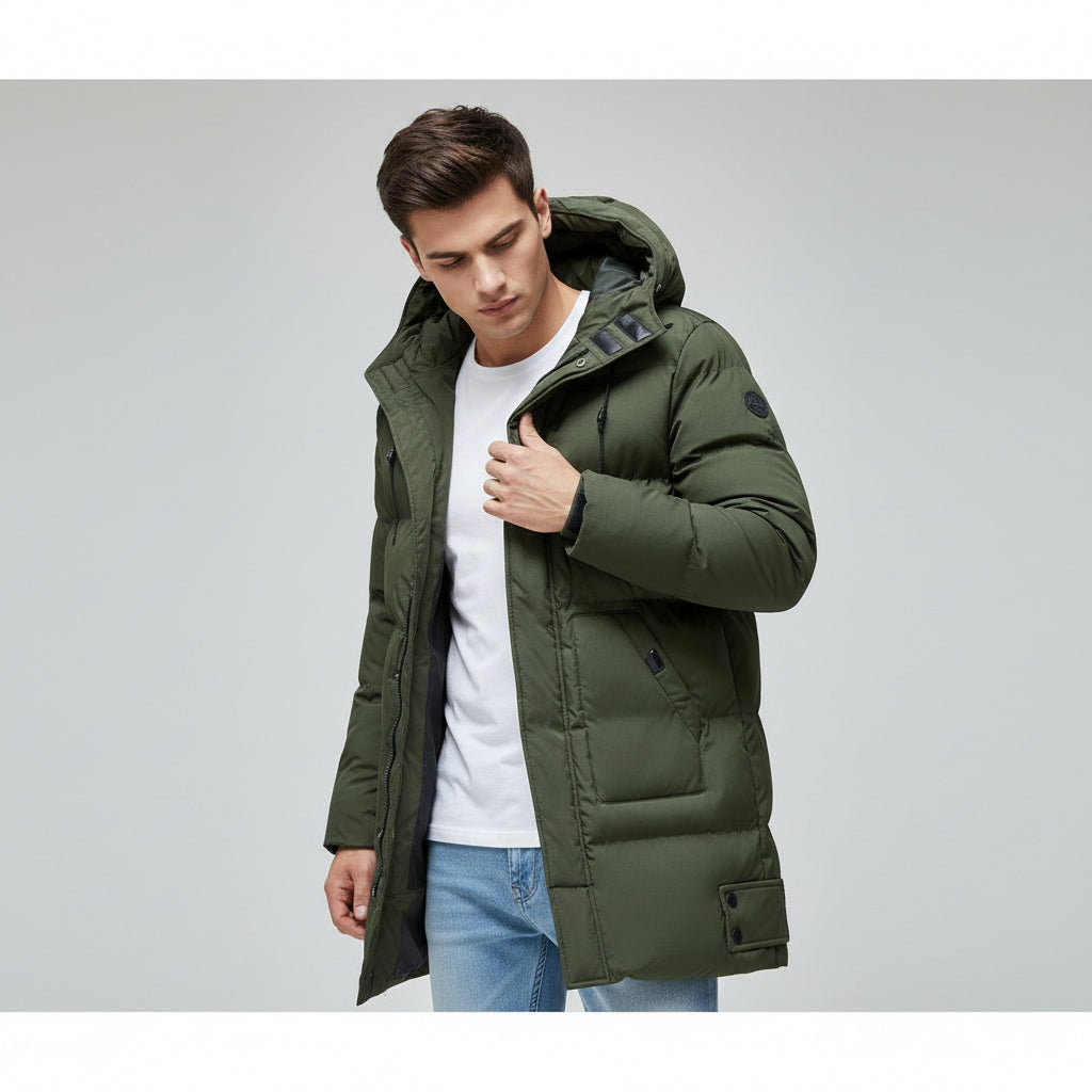 Men’s Long Puffer Winter Jacket Insulated Hooded Cold Weather Coat-Bon Voyage Vintage