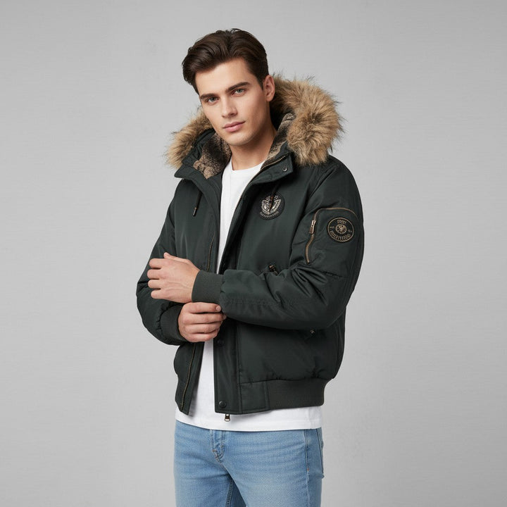 Men’s Quilted Bomber Jacket with Faux Fur Hood-Bon Voyage Vintage