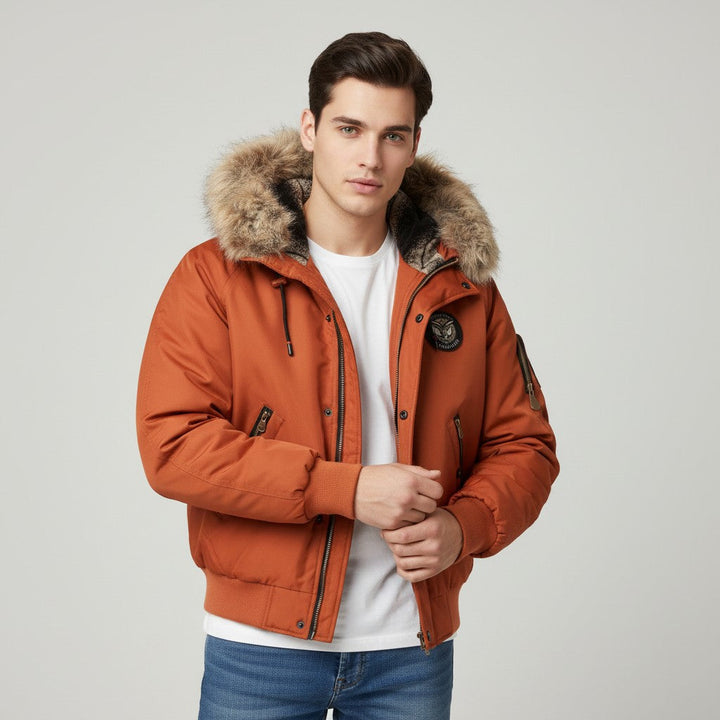 Men’s Quilted Bomber Jacket with Faux Fur Hood-Bon Voyage Vintage