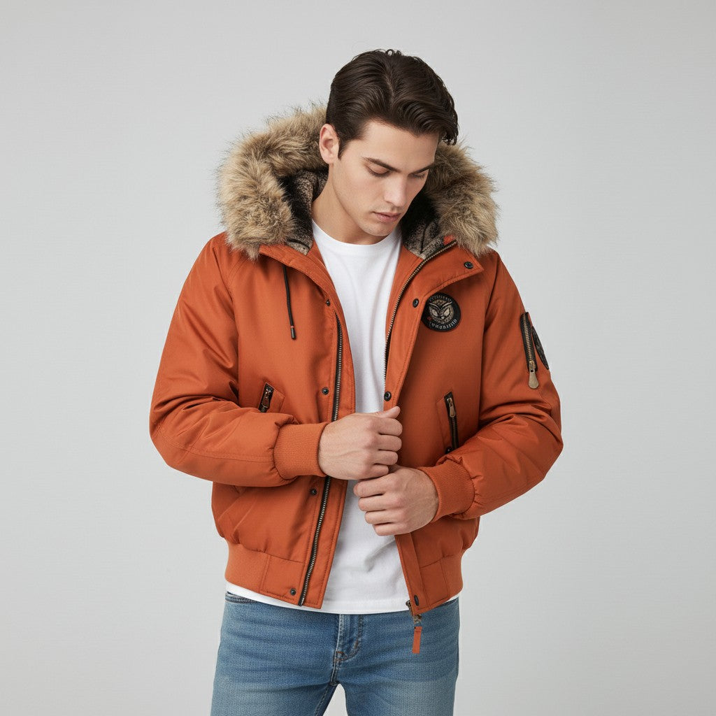 Men’s Quilted Bomber Jacket with Faux Fur Hood-Bon Voyage Vintage