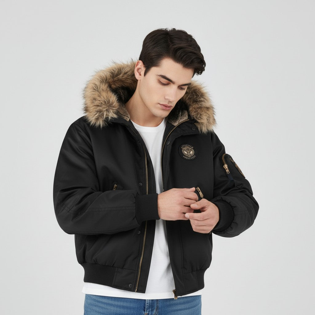 Men’s Quilted Bomber Jacket with Faux Fur Hood-Bon Voyage Vintage