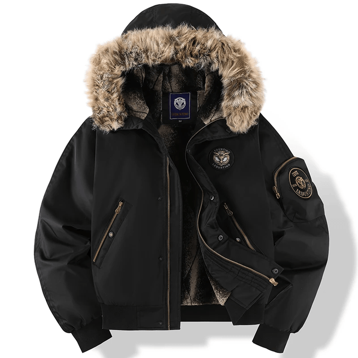 Men’s Quilted Bomber Jacket with Faux Fur Hood-Bon Voyage Vintage