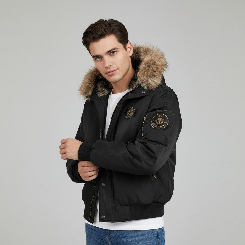 Men’s Quilted Bomber Jacket with Faux Fur Hood-Bon Voyage Vintage