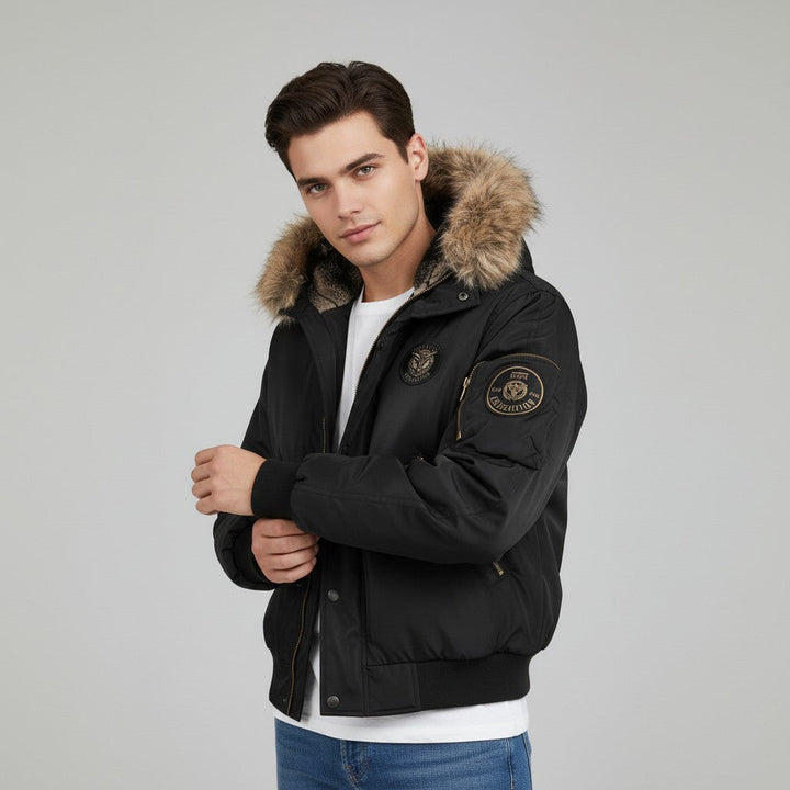 Men’s Quilted Bomber Jacket with Faux Fur Hood-Bon Voyage Vintage