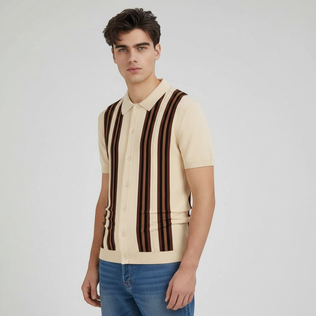 Men’s Short Sleeve Button-Up Knit Shirt-Bon Voyage Vintage