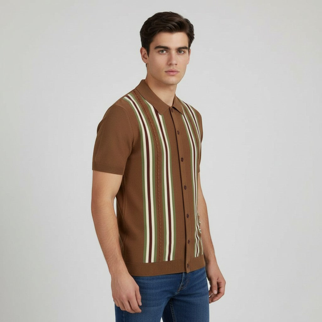 Men’s Short Sleeve Button-Up Knit Shirt-Bon Voyage Vintage