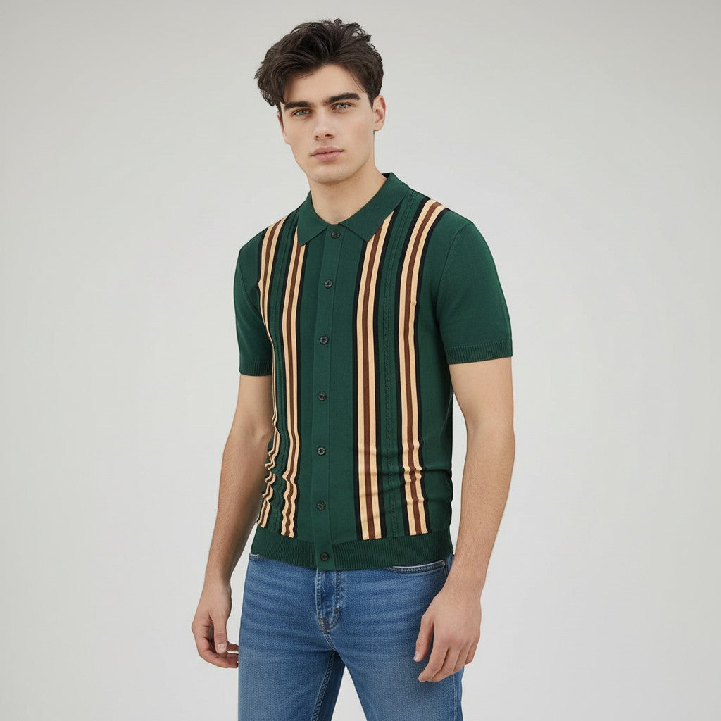 Men’s Short Sleeve Button-Up Knit Shirt-Bon Voyage Vintage