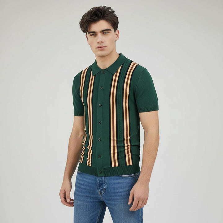 Men’s Short Sleeve Button-Up Knit Shirt-Bon Voyage Vintage