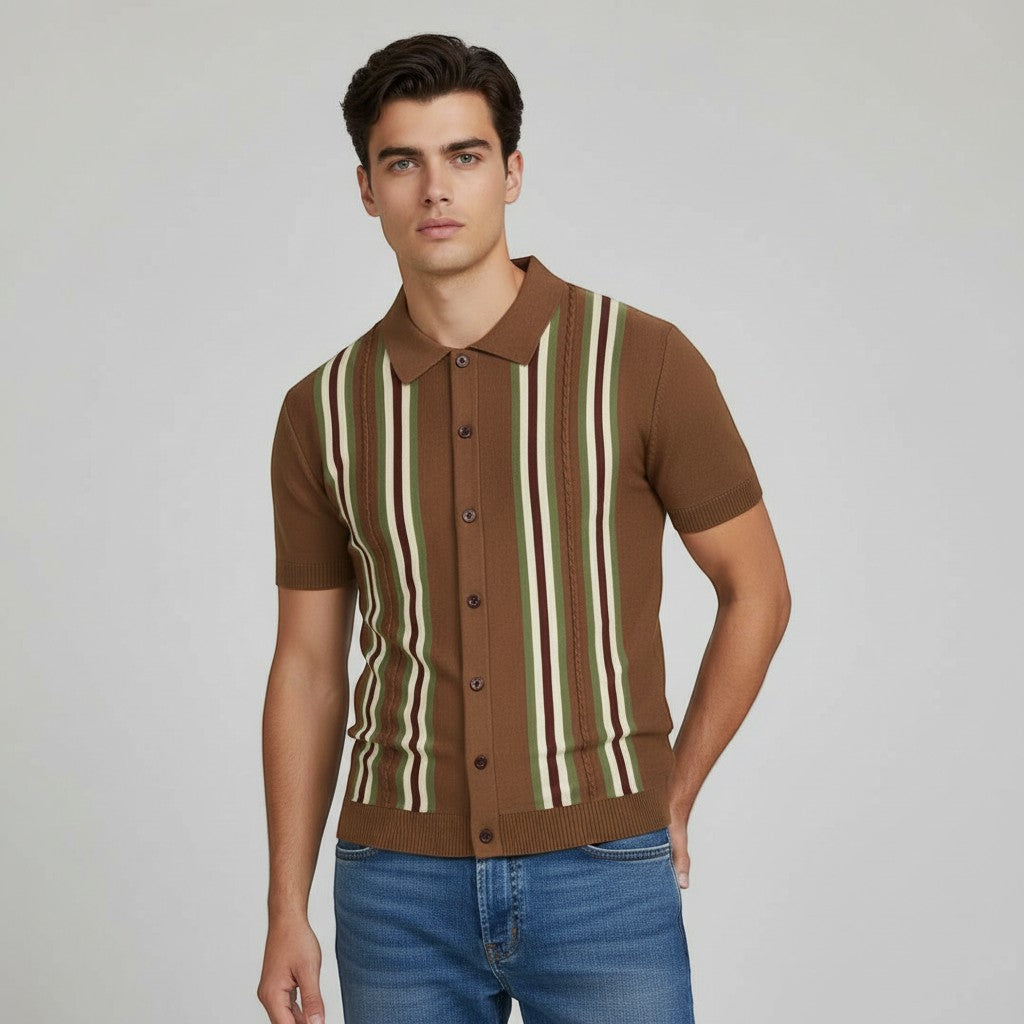 Men’s Short Sleeve Button-Up Knit Shirt-Bon Voyage Vintage