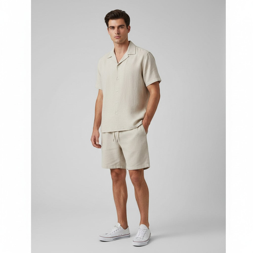 Men’s Short Sleeve Button-Up Shirt and Shorts Set-Bon Voyage Vintage