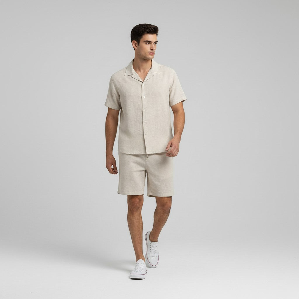 Men’s Short Sleeve Button-Up Shirt and Shorts Set-Bon Voyage Vintage