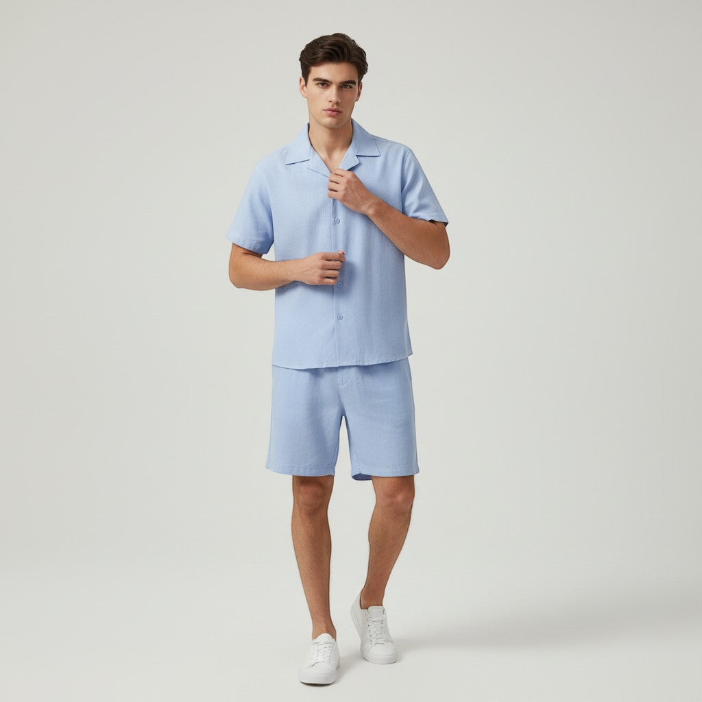 Men’s Short Sleeve Button-Up Shirt and Shorts Set-Bon Voyage Vintage