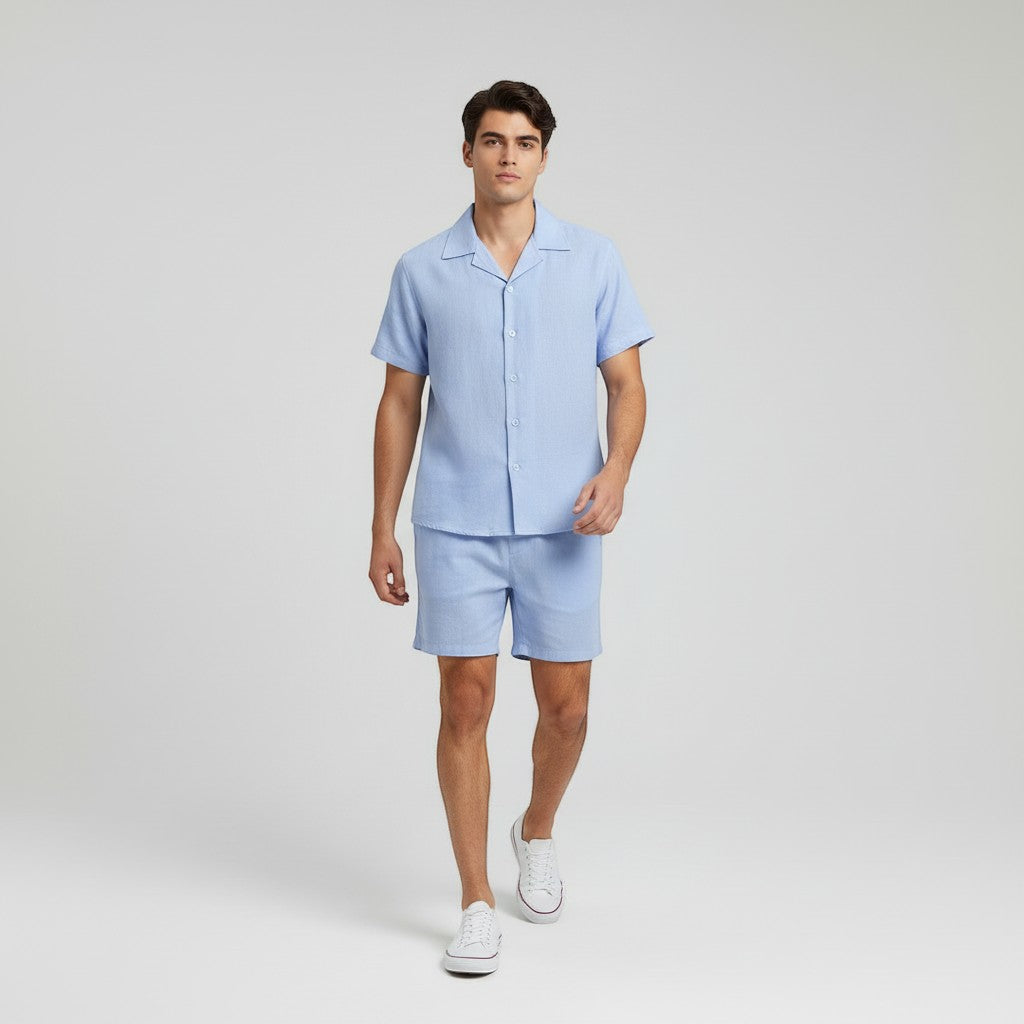Men’s Short Sleeve Button-Up Shirt and Shorts Set-Bon Voyage Vintage