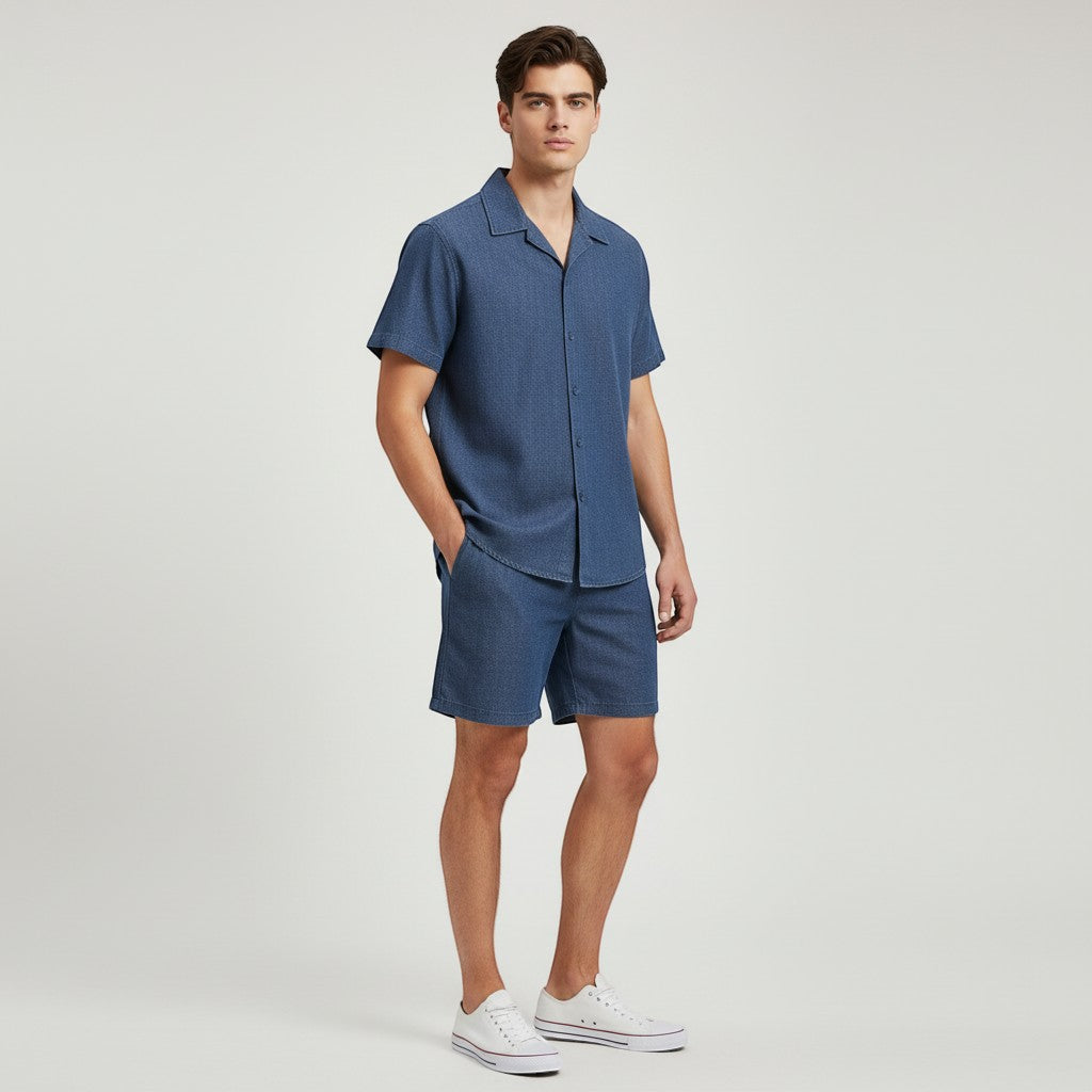 Men’s Short Sleeve Button-Up Shirt and Shorts Set-Bon Voyage Vintage