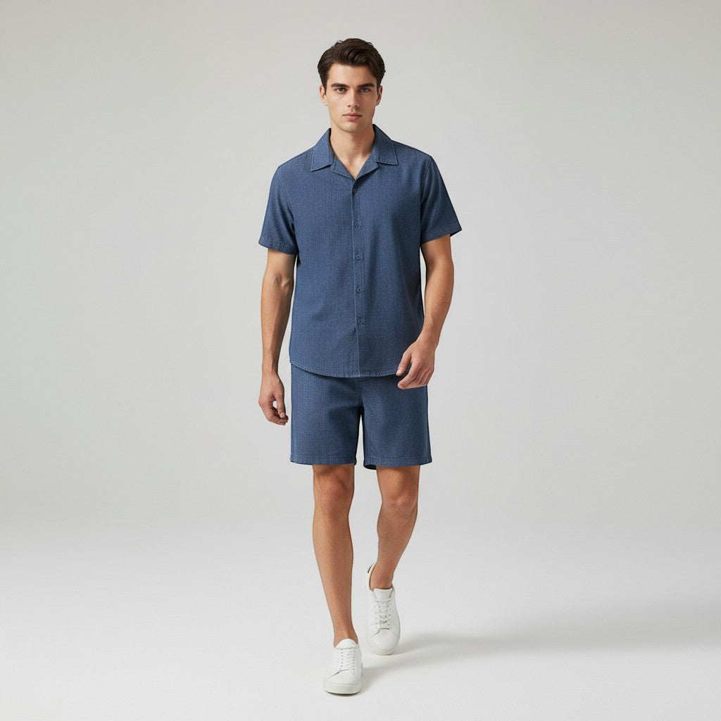 Men’s Short Sleeve Button-Up Shirt and Shorts Set-Bon Voyage Vintage