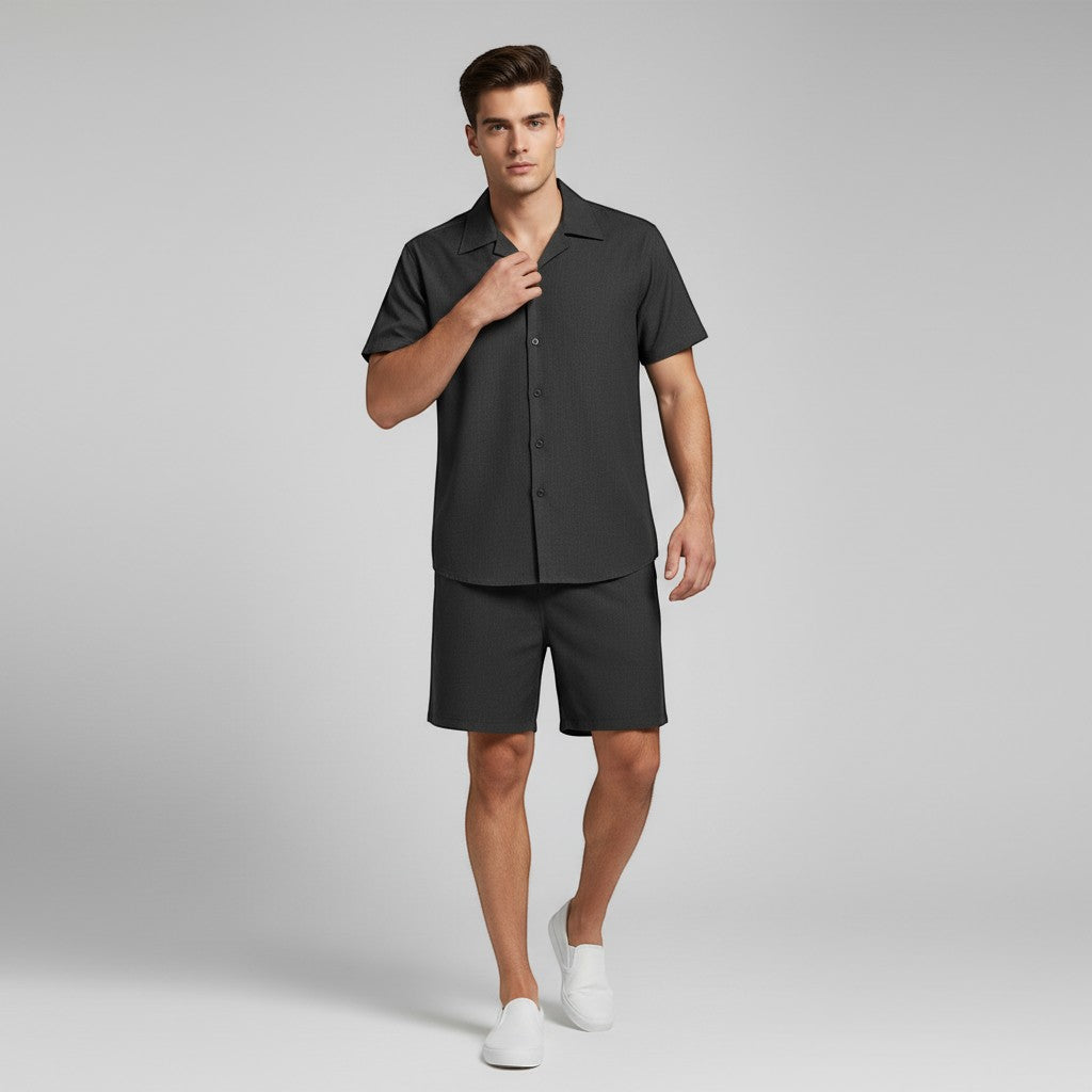 Men’s Short Sleeve Button-Up Shirt and Shorts Set-Bon Voyage Vintage