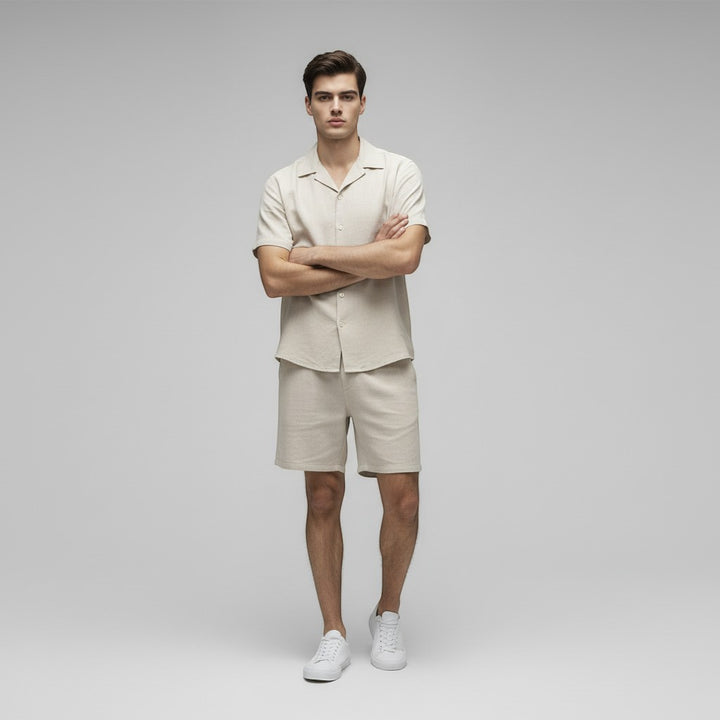 Men’s Short Sleeve Button-Up Shirt and Shorts Set-Bon Voyage Vintage