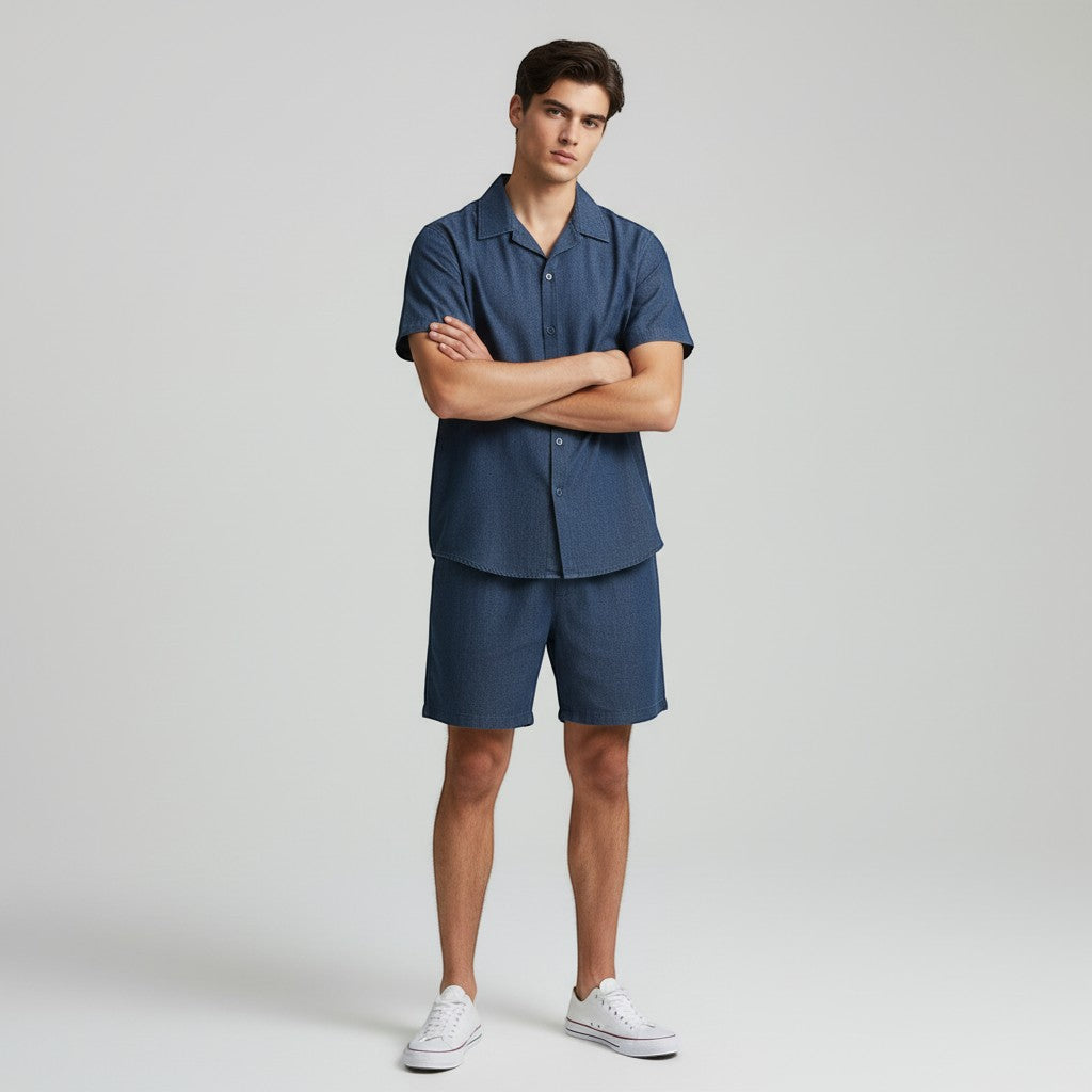 Men’s Short Sleeve Button-Up Shirt and Shorts Set-Bon Voyage Vintage