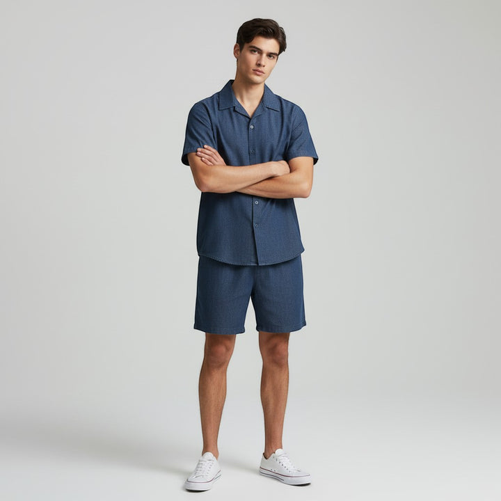 Men’s Short Sleeve Button-Up Shirt and Shorts Set-Bon Voyage Vintage