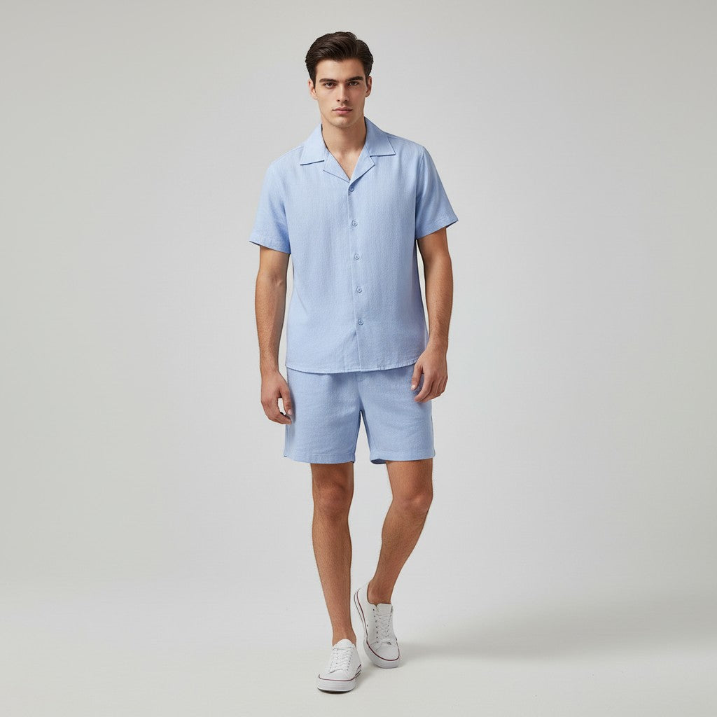 Men’s Short Sleeve Button-Up Shirt and Shorts Set-Bon Voyage Vintage