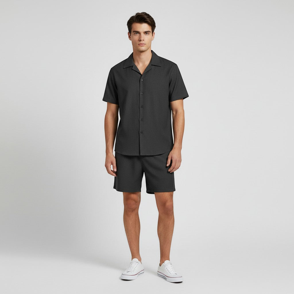 Men’s Short Sleeve Button-Up Shirt and Shorts Set-Bon Voyage Vintage