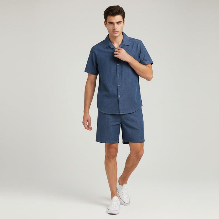 Men’s Short Sleeve Button-Up Shirt and Shorts Set-Bon Voyage Vintage