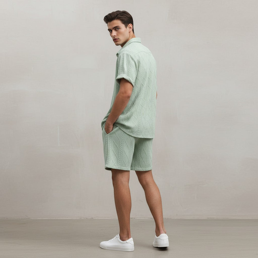 Men’s Textured Short Sleeve Button-Up Shirt Set-Bon Voyage Vintage