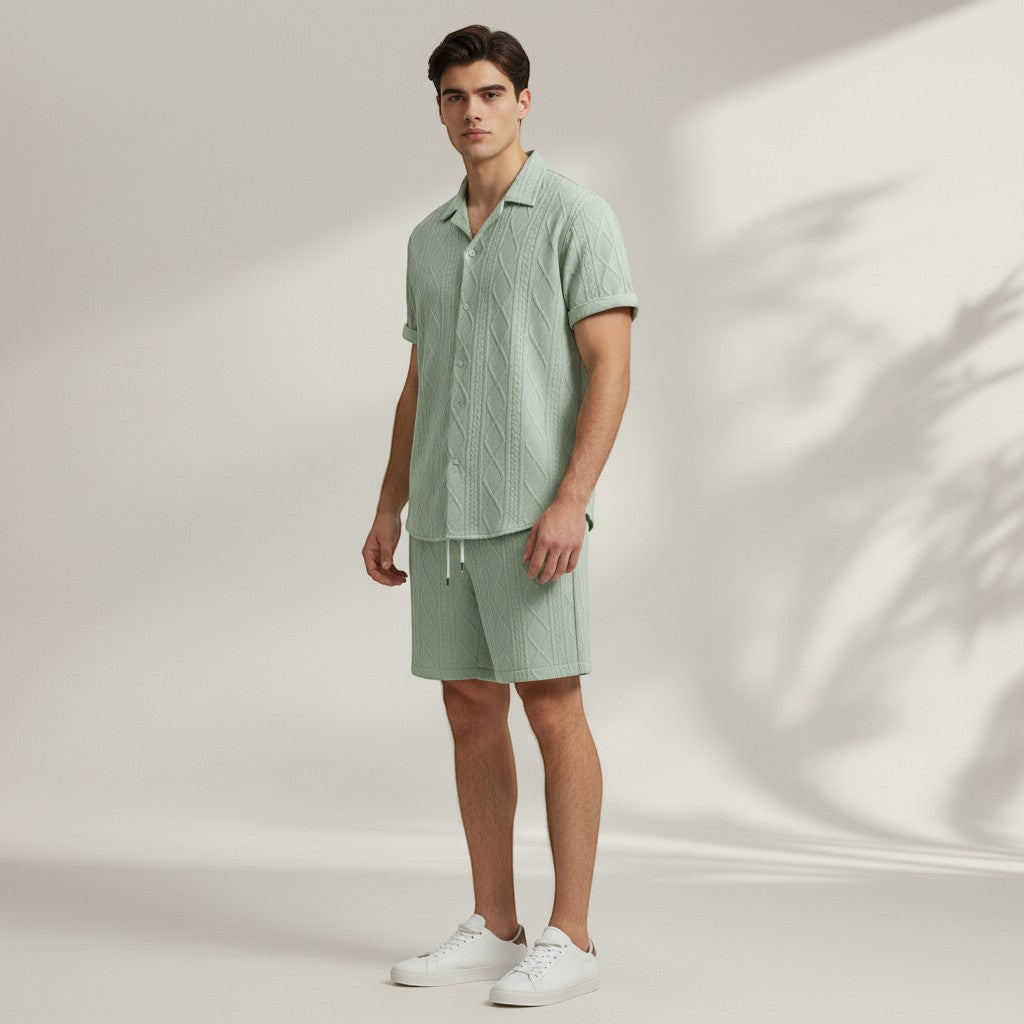 Men’s Textured Short Sleeve Button-Up Shirt Set-Bon Voyage Vintage