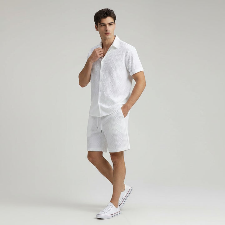 Men’s Textured Short Sleeve Button-Up Shirt Set-Bon Voyage Vintage