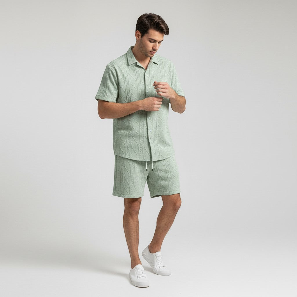 Men’s Textured Short Sleeve Button-Up Shirt Set-Bon Voyage Vintage