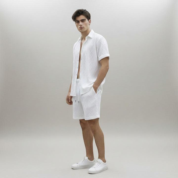 Men’s Textured Short Sleeve Button-Up Shirt Set-Bon Voyage Vintage