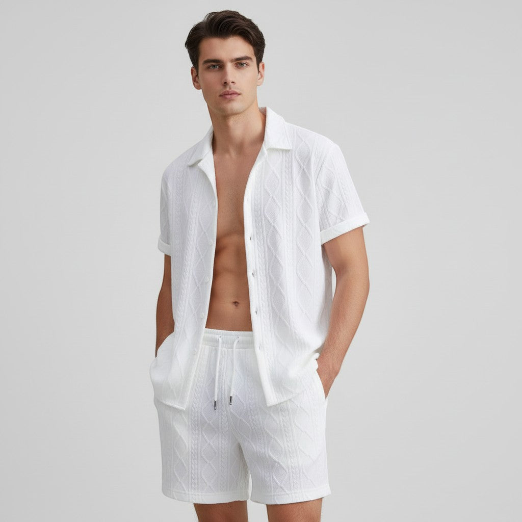 Men’s Textured Short Sleeve Button-Up Shirt Set-Bon Voyage Vintage