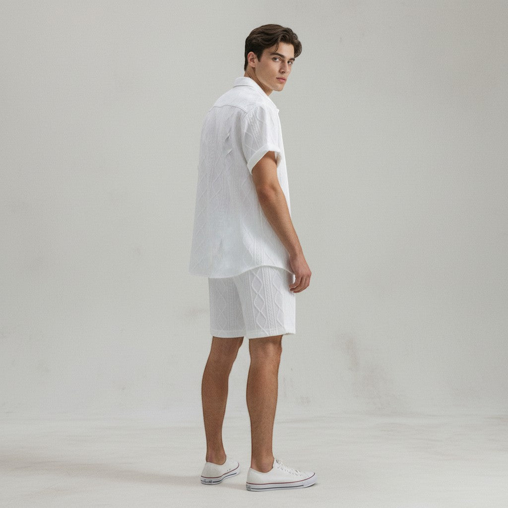 Men’s Textured Short Sleeve Button-Up Shirt Set-Bon Voyage Vintage