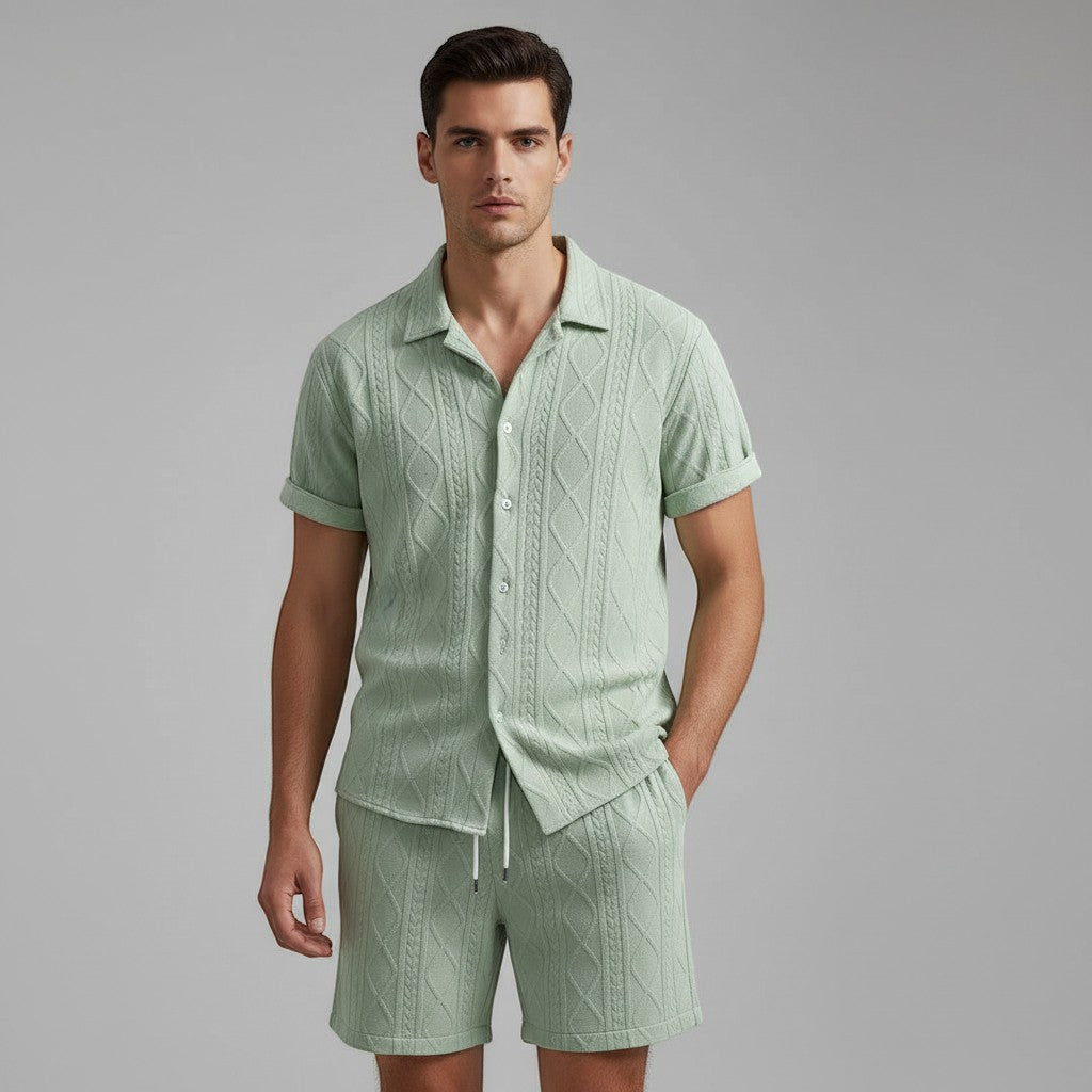 Men’s Textured Short Sleeve Button-Up Shirt Set-Bon Voyage Vintage
