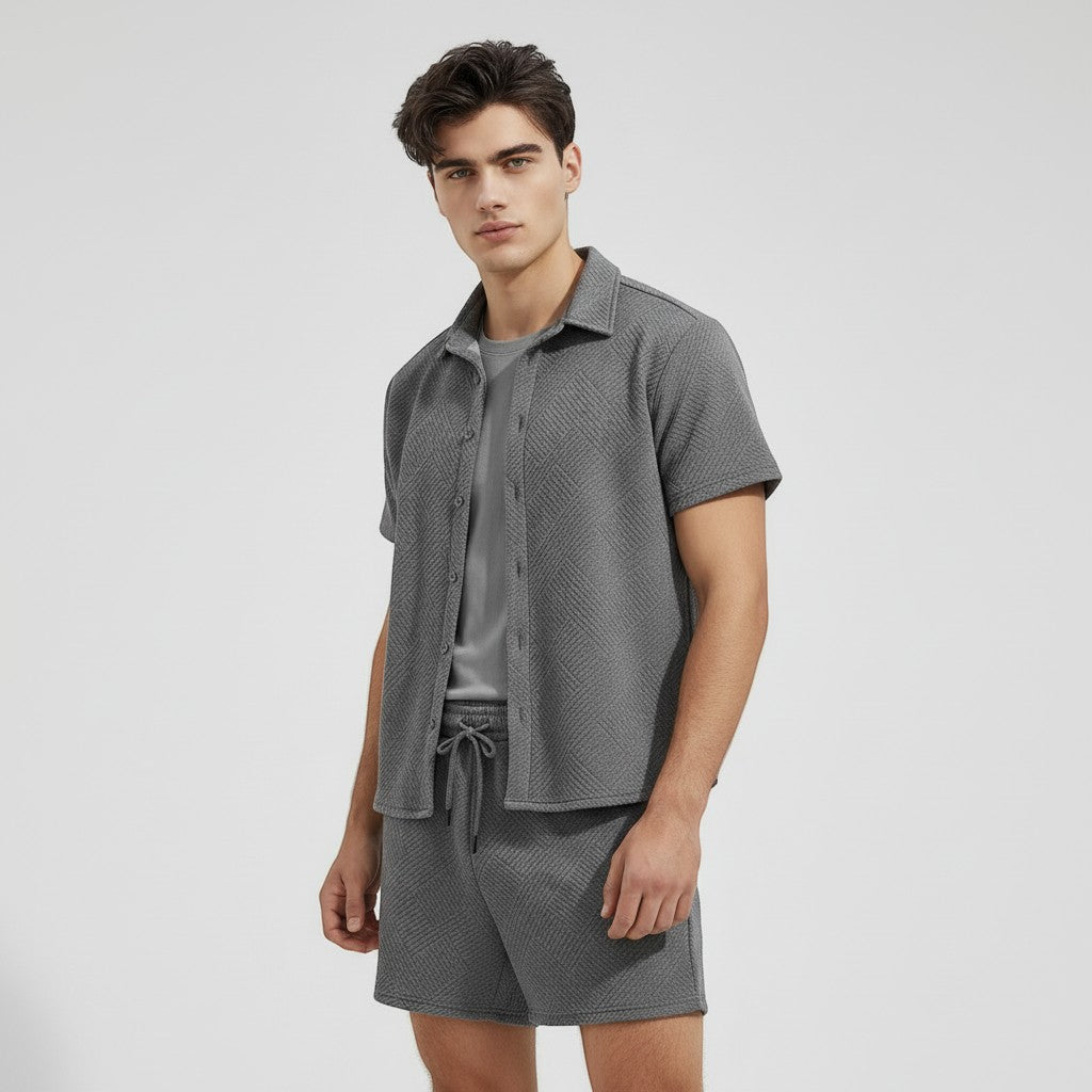 Men’s Textured Short Sleeve Button-Up Shirt and Shorts Set-Bon Voyage Vintage
