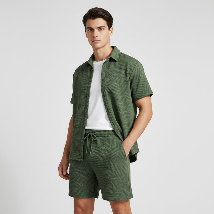 Men’s Textured Short Sleeve Button-Up Shirt and Shorts Set-Bon Voyage Vintage