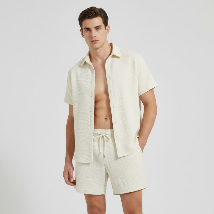 Men’s Textured Short Sleeve Button-Up Shirt and Shorts Set-Bon Voyage Vintage