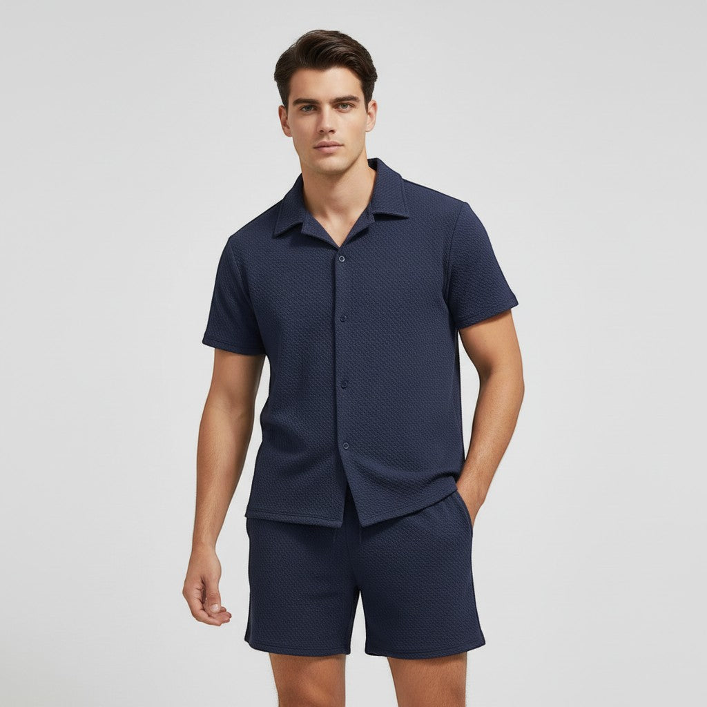 Men’s Textured Short Sleeve Button-Up Shirt and Shorts Set-Bon Voyage Vintage