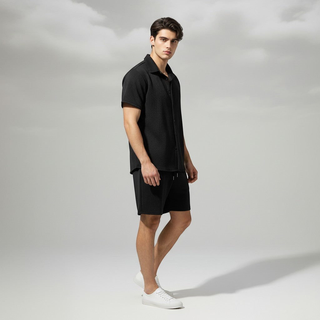 Men’s Textured Short Sleeve Button-Up Shirt and Shorts Set-Bon Voyage Vintage