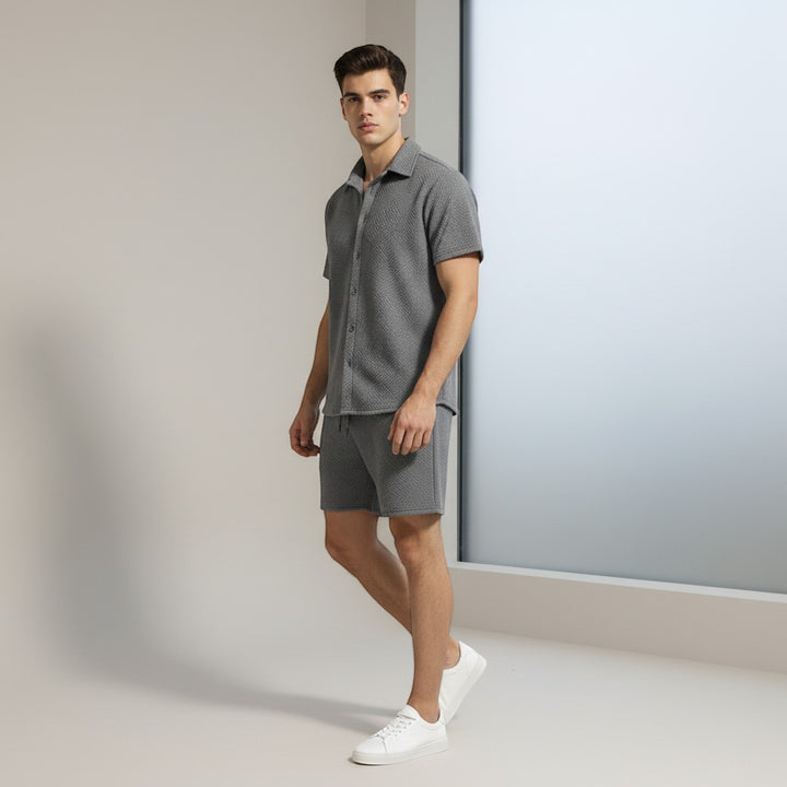 Men’s Textured Short Sleeve Button-Up Shirt and Shorts Set-Bon Voyage Vintage