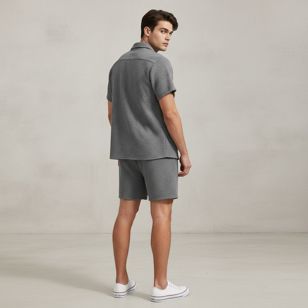 Men’s Textured Short Sleeve Button-Up Shirt and Shorts Set-Bon Voyage Vintage