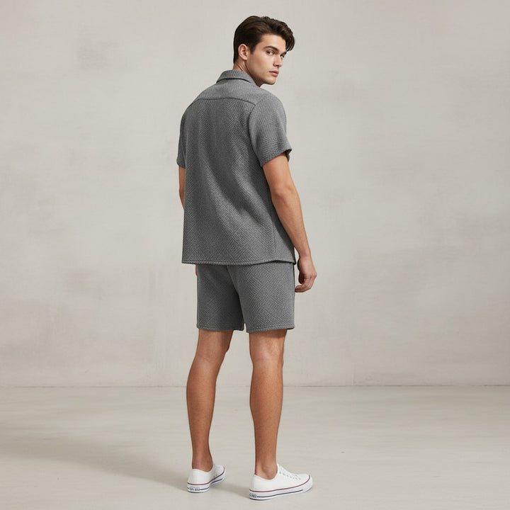 Men’s Textured Short Sleeve Button-Up Shirt and Shorts Set-Bon Voyage Vintage