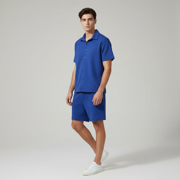 Men’s Textured Short Sleeve Button-Up Shirt and Shorts Set-Bon Voyage Vintage