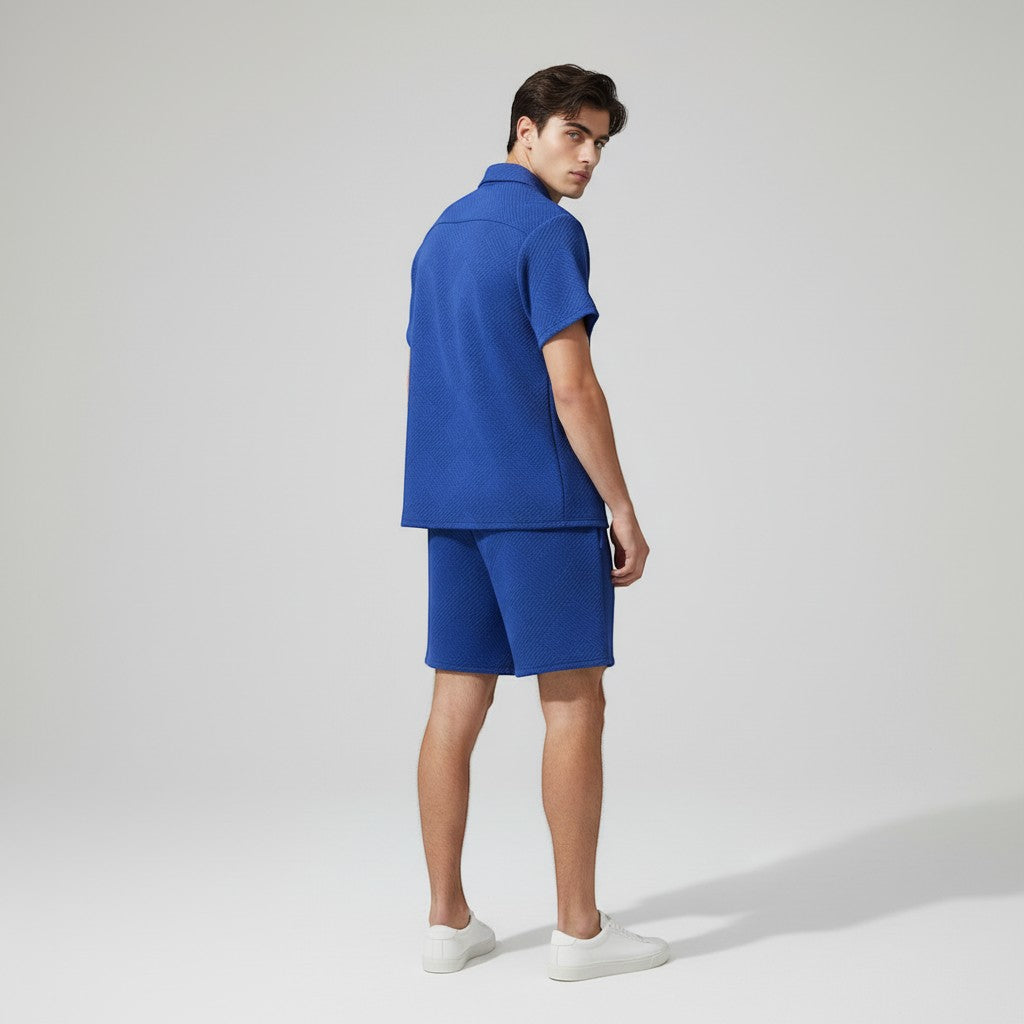 Men’s Textured Short Sleeve Button-Up Shirt and Shorts Set-Bon Voyage Vintage
