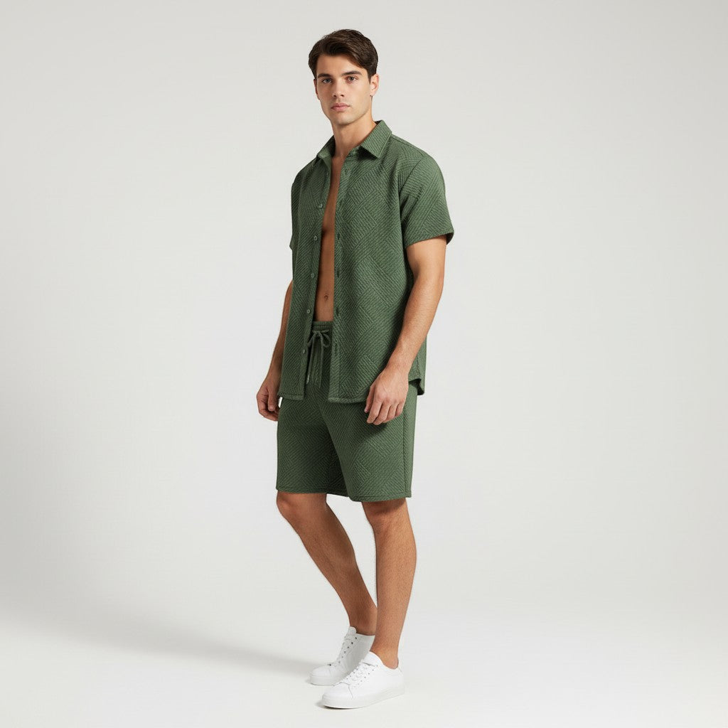 Men’s Textured Short Sleeve Button-Up Shirt and Shorts Set-Bon Voyage Vintage