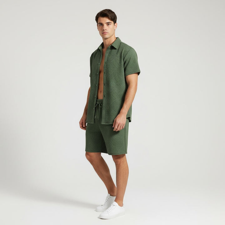 Men’s Textured Short Sleeve Button-Up Shirt and Shorts Set-Bon Voyage Vintage