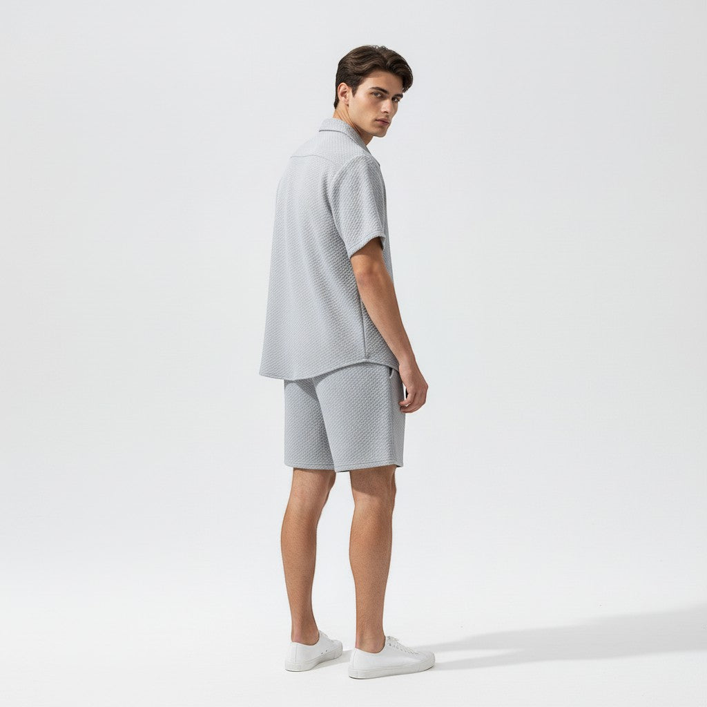 Men’s Textured Short Sleeve Button-Up Shirt and Shorts Set-Bon Voyage Vintage