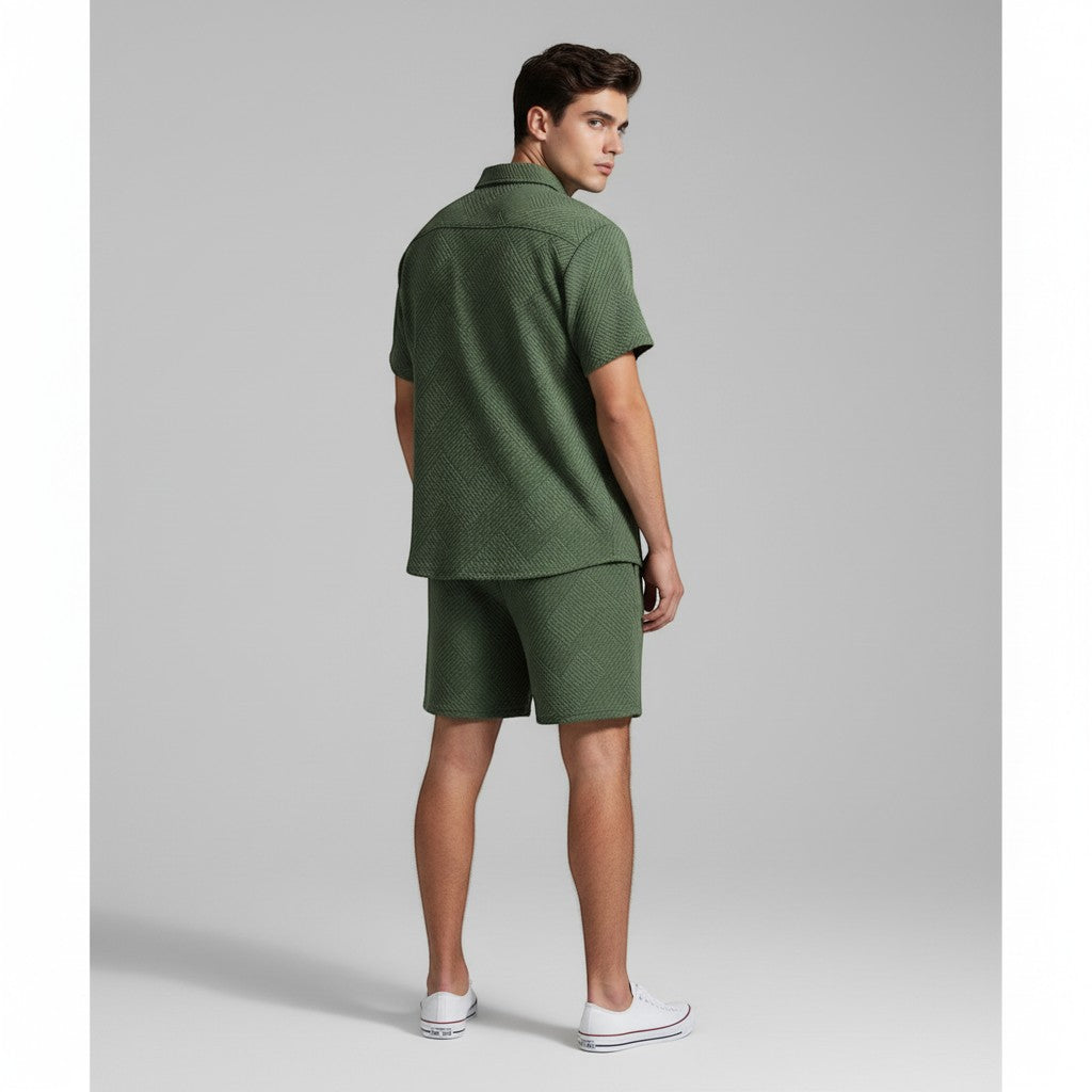 Men’s Textured Short Sleeve Button-Up Shirt and Shorts Set-Bon Voyage Vintage